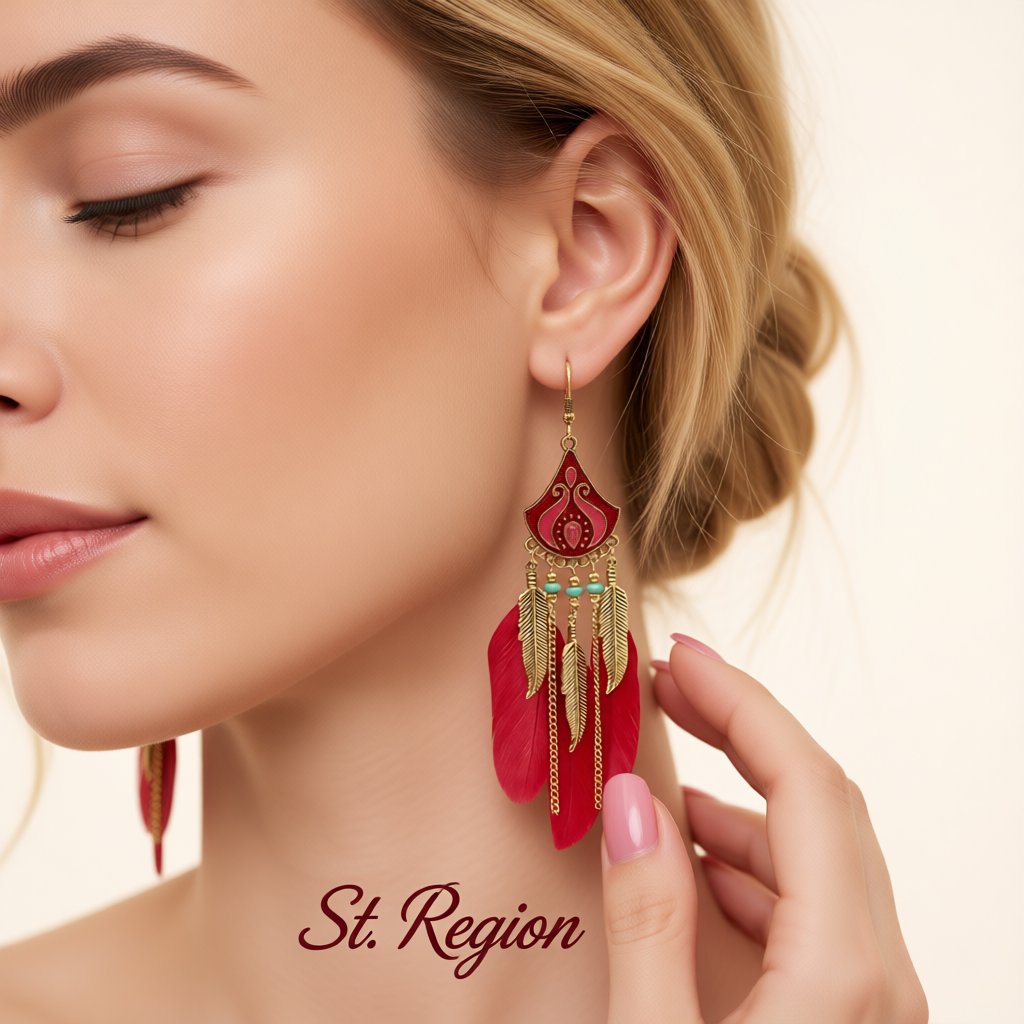 Red Feather and Enamel Turquoise Tassel Dangle Earring, drop earrings for women, vintage-inspired design, styled look