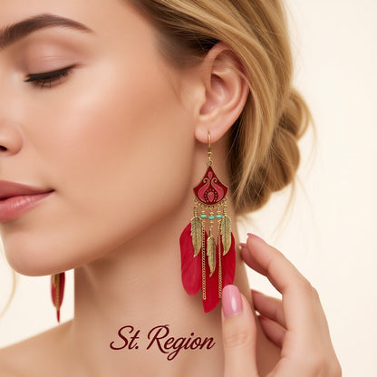 Red Feather and Enamel Turquoise Tassel Dangle Earring, drop earrings for women, vintage-inspired design, styled look