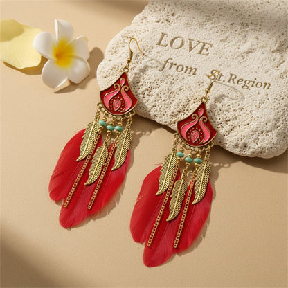 Red Feather and Enamel Turquoise Tassel Dangle Earring, drop earrings for women, vintage-inspired design, lifestyle look