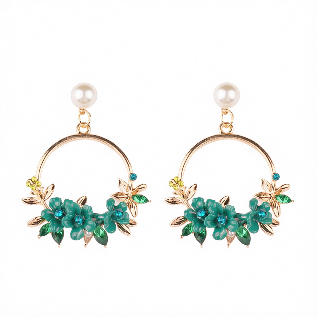 Pearl & Cubic Zirconia Greeen Floral Cluster Hoop Drop Earrings