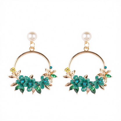 Pearl & Cubic Zirconia Greeen Floral Cluster Hoop Drop Earrings