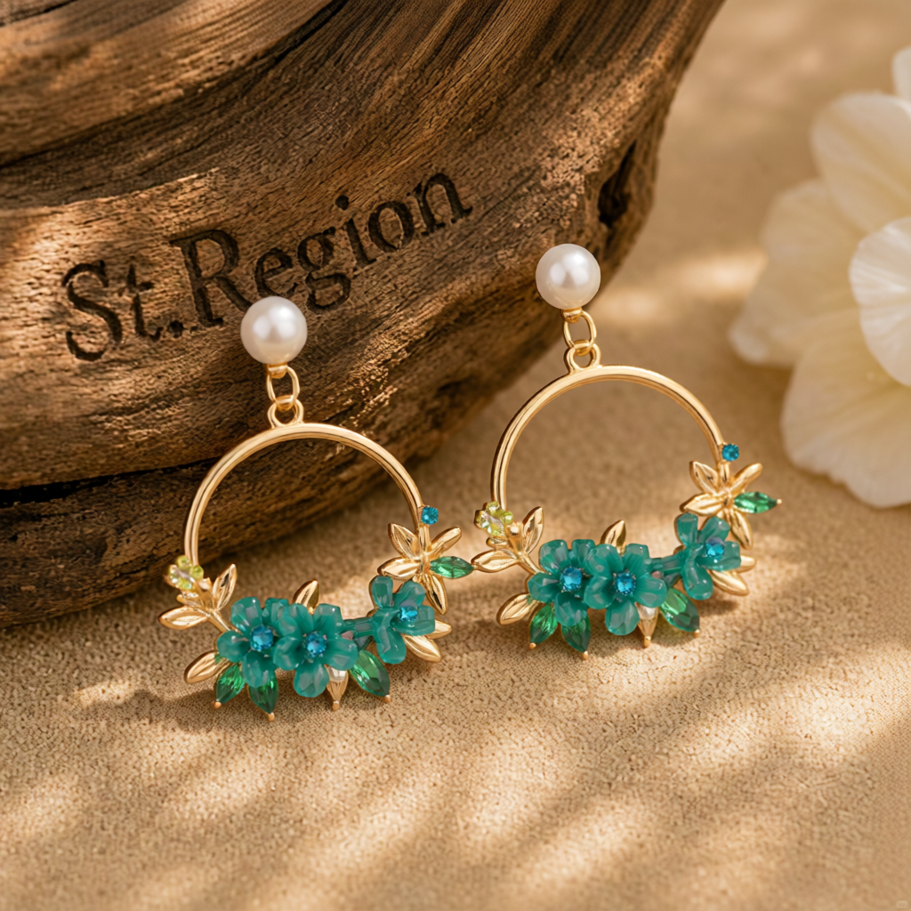 Pearl & Cubic Zirconia Greeen Floral Cluster Hoop Drop Earrings