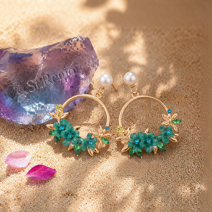 Pearl & Cubic Zirconia Greeen Floral Cluster Hoop Drop Earrings
