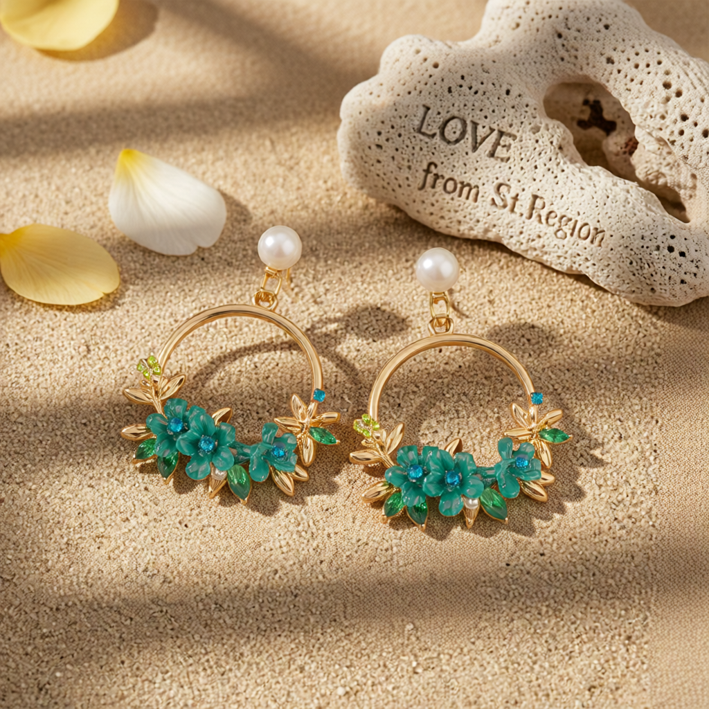 Pearl & Cubic Zirconia Greeen Floral Cluster Hoop Drop Earrings