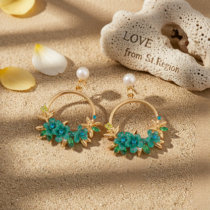 Pearl & Cubic Zirconia Greeen Floral Cluster Hoop Drop Earrings