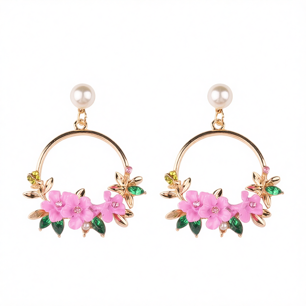 Pearl & Cubic Zirconia Pink Floral Cluster Hoop Drop Earrings