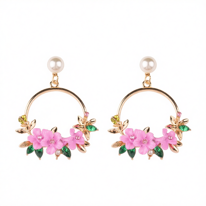 Pearl & Cubic Zirconia Pink Floral Cluster Hoop Drop Earrings