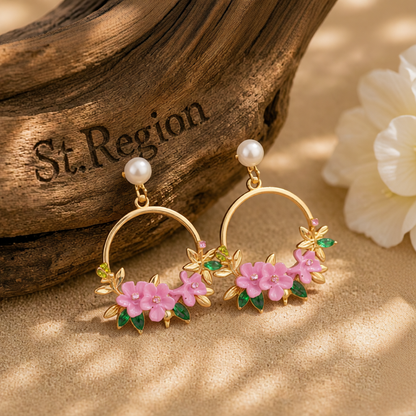 Pearl & Cubic Zirconia Pink Floral Cluster Hoop Drop Earrings