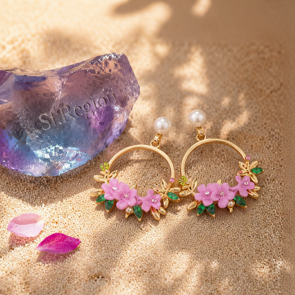 Pearl & Cubic Zirconia Pink Floral Cluster Hoop Drop Earrings