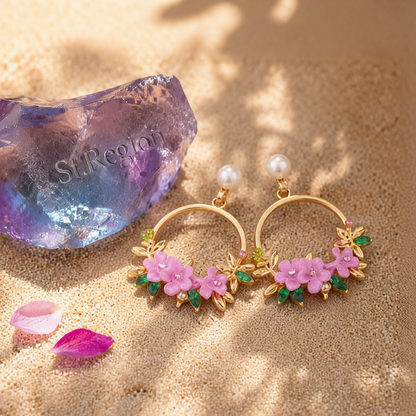Pearl & Cubic Zirconia Pink Floral Cluster Hoop Drop Earrings