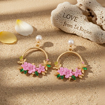 Pearl & Cubic Zirconia Pink Floral Cluster Hoop Drop Earrings