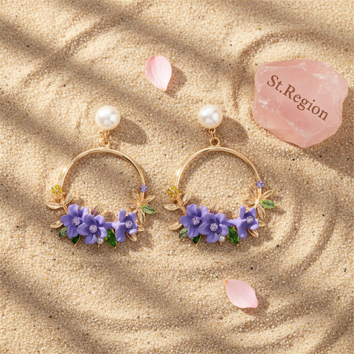 Pearl and Cubic Zirconia Floral Cluster Hoop Drop Earrings, drop earrings for women, detail close-up