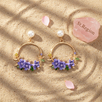 Pearl and Cubic Zirconia Floral Cluster Hoop Drop Earrings, drop earrings for women, detail close-up