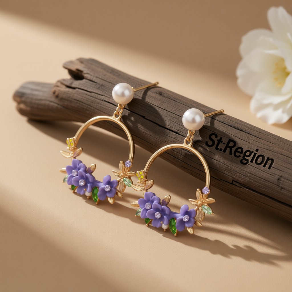 Pearl and Cubic Zirconia Floral Cluster Hoop Drop Earrings, drop earrings for women, vintage-inspired design, front view