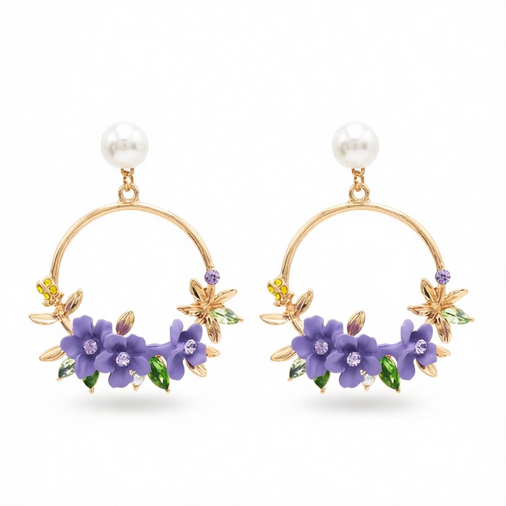 Pearl and Cubic Zirconia Floral Cluster Hoop Drop Earrings, drop earrings for women, vintage-inspired design, side view