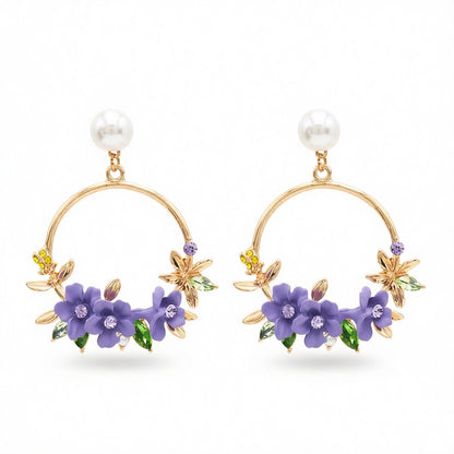 Pearl and Cubic Zirconia Floral Cluster Hoop Drop Earrings, drop earrings for women, vintage-inspired design, side view