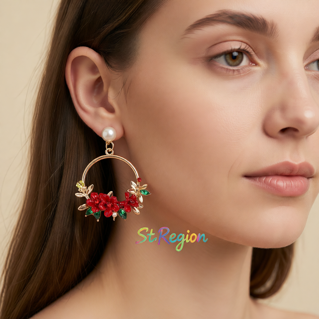 Pearl & Cubic Zirconia Red Floral Cluster Hoop Drop Earrings
