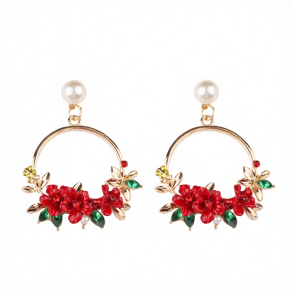 Pearl & Cubic Zirconia Red Floral Cluster Hoop Drop Earrings