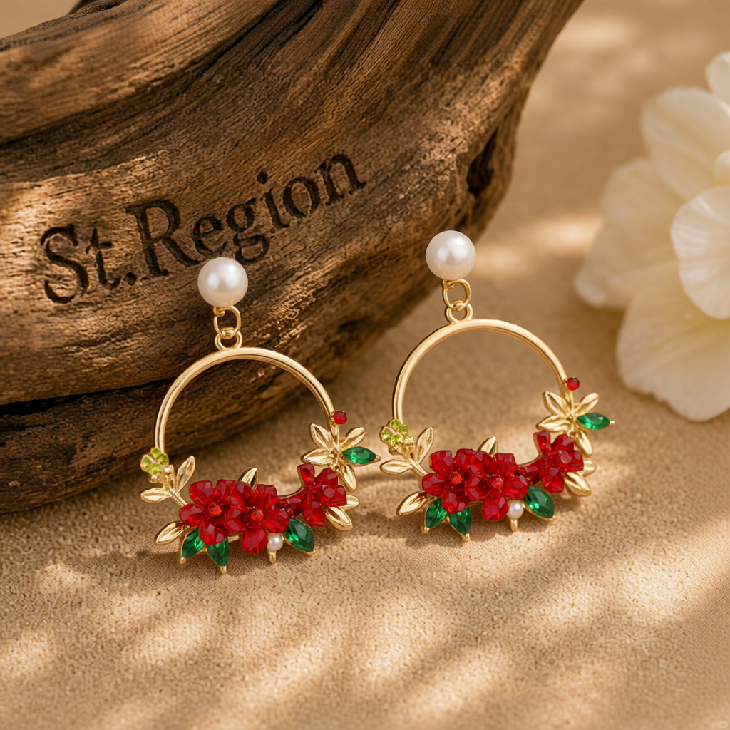 Pearl & Cubic Zirconia Red Floral Cluster Hoop Drop Earrings