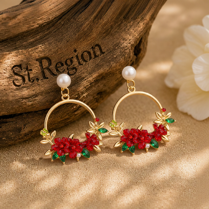 Pearl & Cubic Zirconia Red Floral Cluster Hoop Drop Earrings