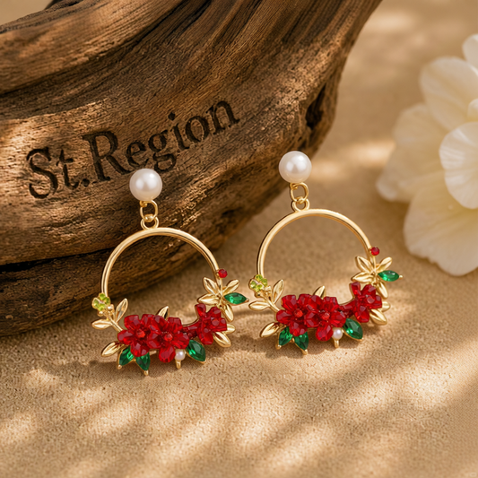 Pearl & Cubic Zirconia Red Floral Cluster Hoop Drop Earrings