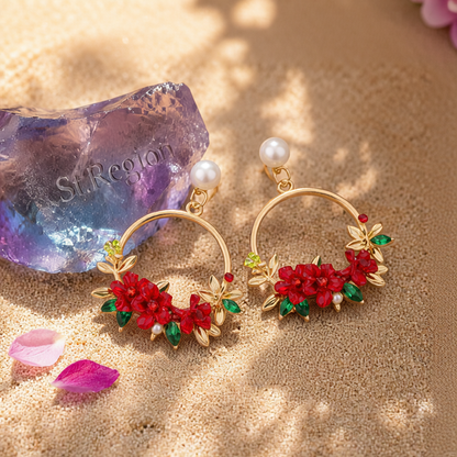 Pearl & Cubic Zirconia Red Floral Cluster Hoop Drop Earrings