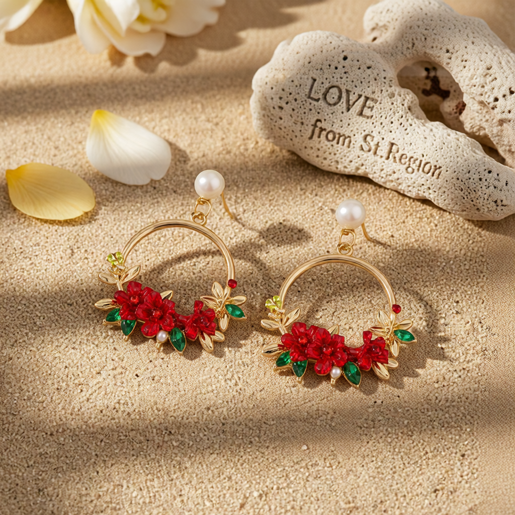 Pearl & Cubic Zirconia Red Floral Cluster Hoop Drop Earrings