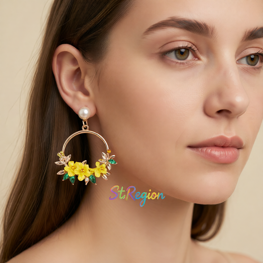 Pearl & Cubic Zirconia Yellow Floral Cluster Hoop Drop Earrings