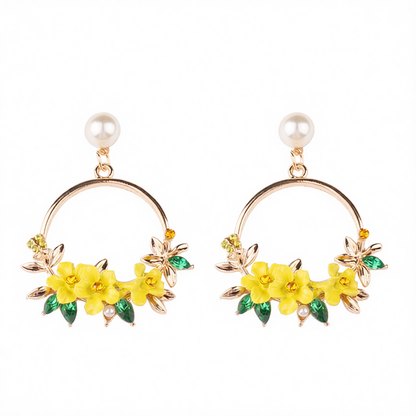 Pearl & Cubic Zirconia Yellow Floral Cluster Hoop Drop Earrings