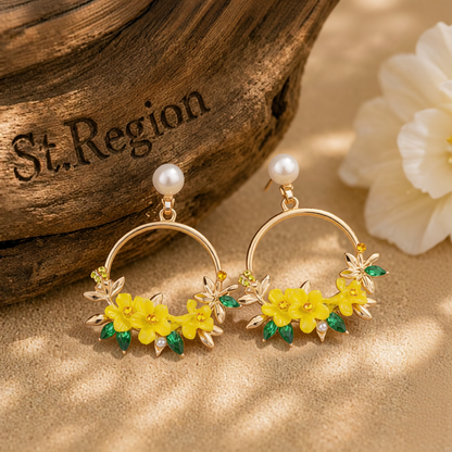 Pearl & Cubic Zirconia Yellow Floral Cluster Hoop Drop Earrings
