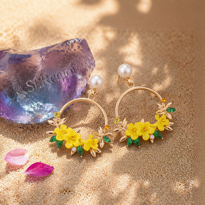 Pearl & Cubic Zirconia Yellow Floral Cluster Hoop Drop Earrings