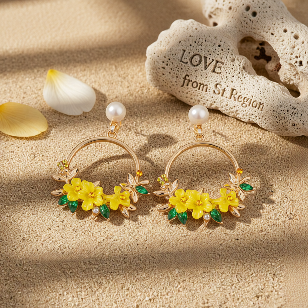 Pearl & Cubic Zirconia Yellow Floral Cluster Hoop Drop Earrings