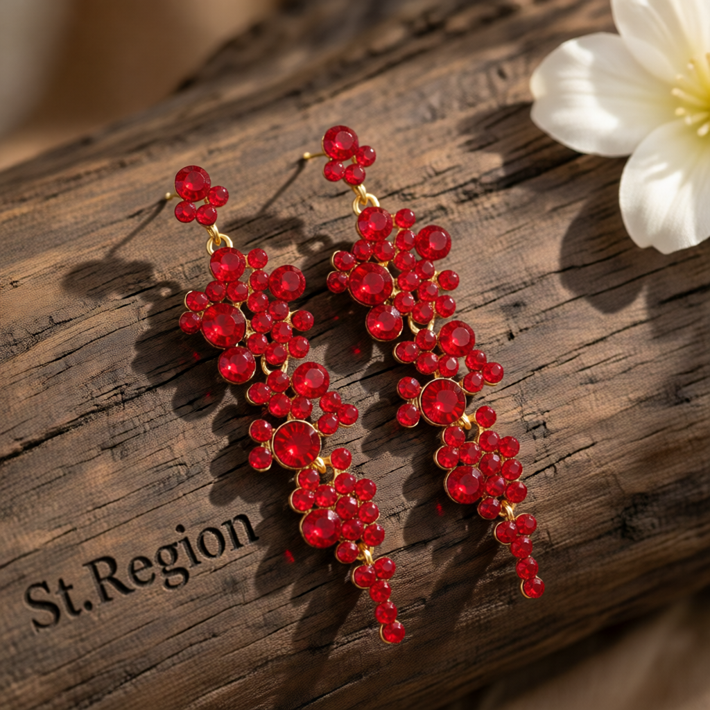 Red Cubic Zirconia & 18K Gold-Plated Cluster Drop Earrings