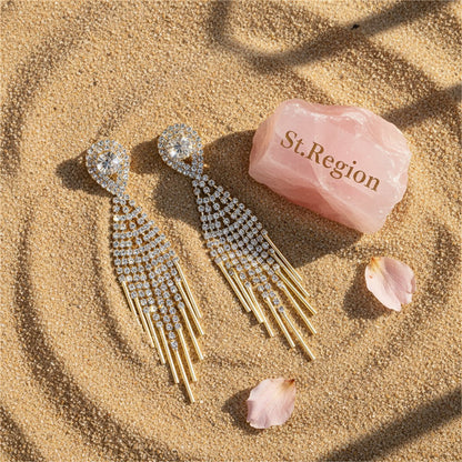 Cubic Zirconia and 18K Gold-Plated Bar Tassel Drop Earrings, gold drop earrings for women, detail close-up