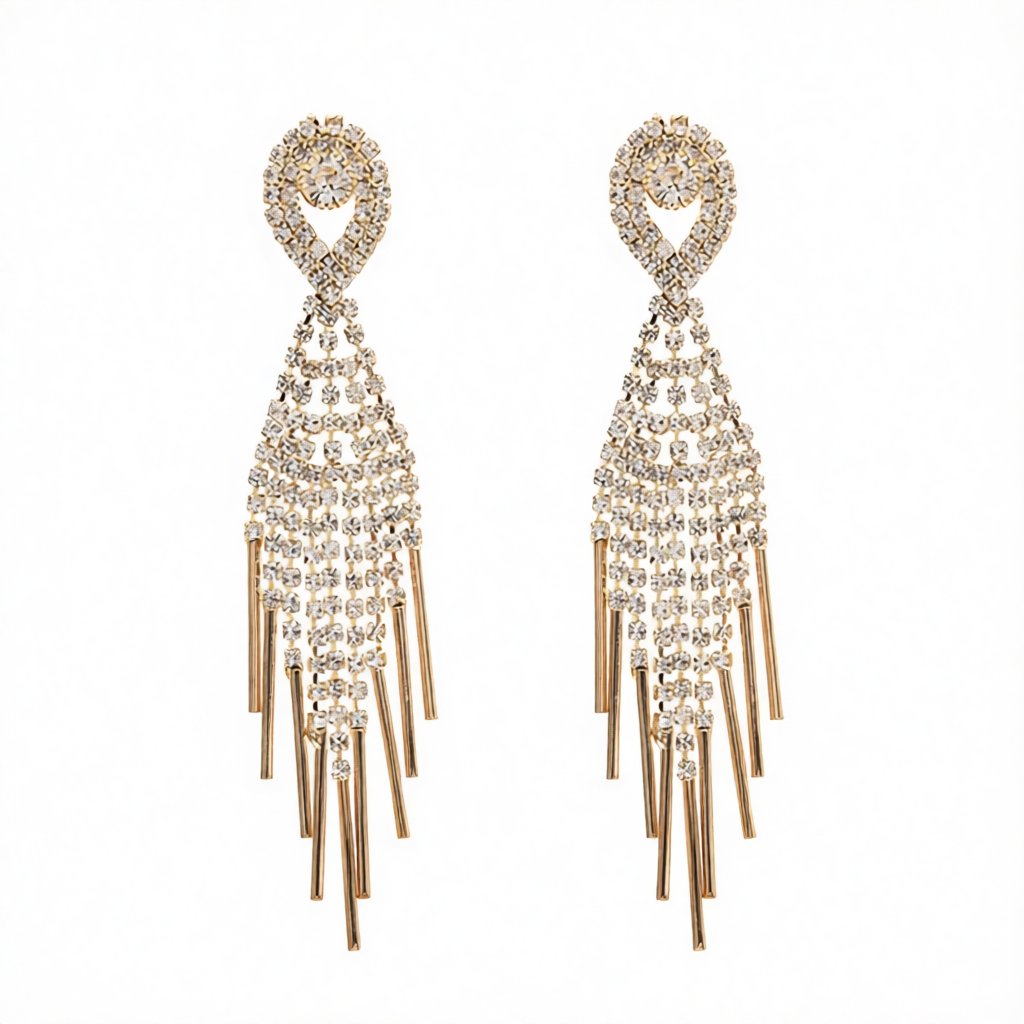 Cubic Zirconia and 18K Gold-Plated Bar Tassel Drop Earrings, gold drop earrings for women, vintage-inspired design, side view
