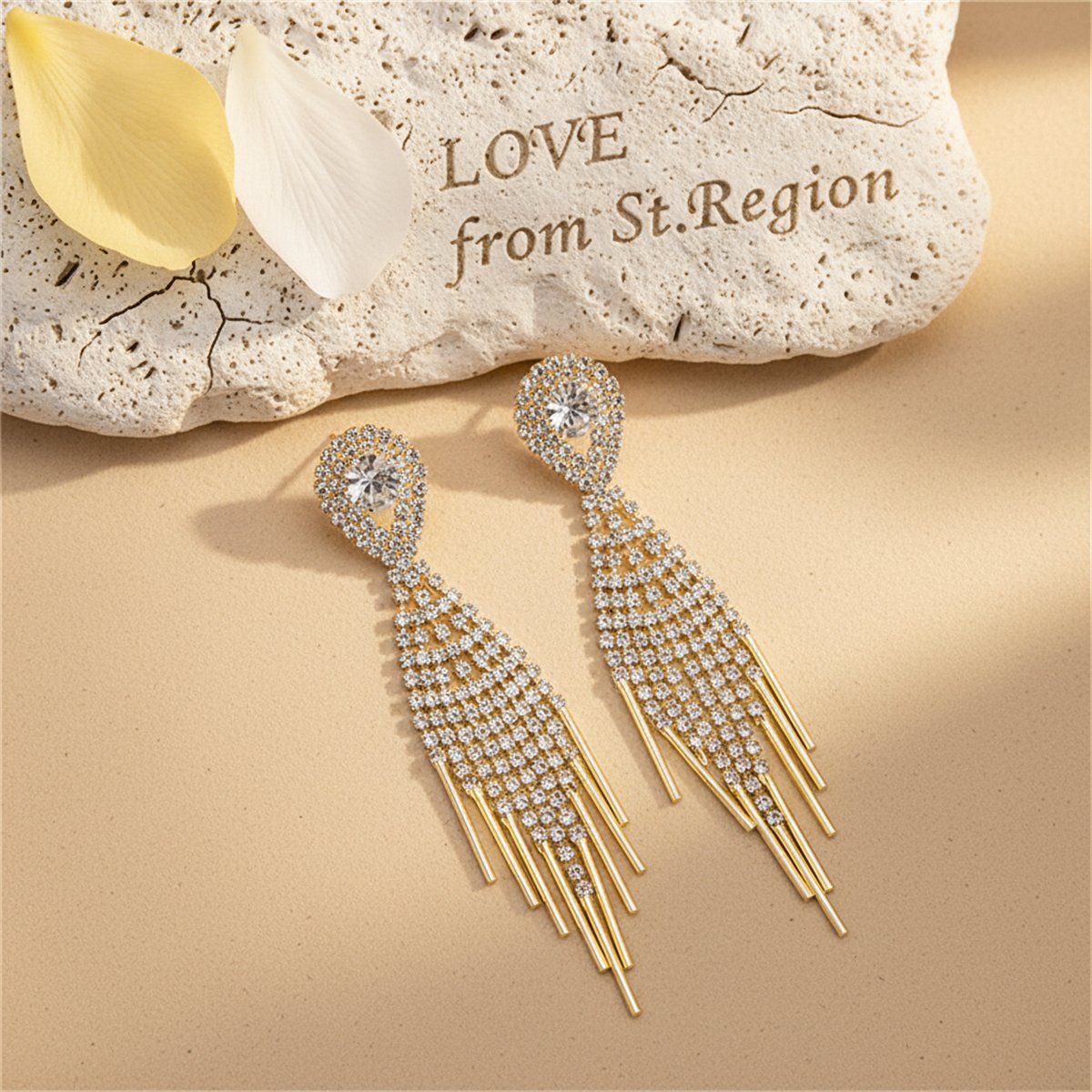 Cubic Zirconia and 18K Gold-Plated Bar Tassel Drop Earrings, gold drop earrings for women, lifestyle look