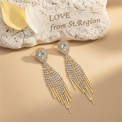 Cubic Zirconia and 18K Gold-Plated Bar Tassel Drop Earrings, gold drop earrings for women, lifestyle look