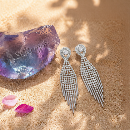 Cubic Zirconia & Silver-Plated Bar Tassel Drop Earrings