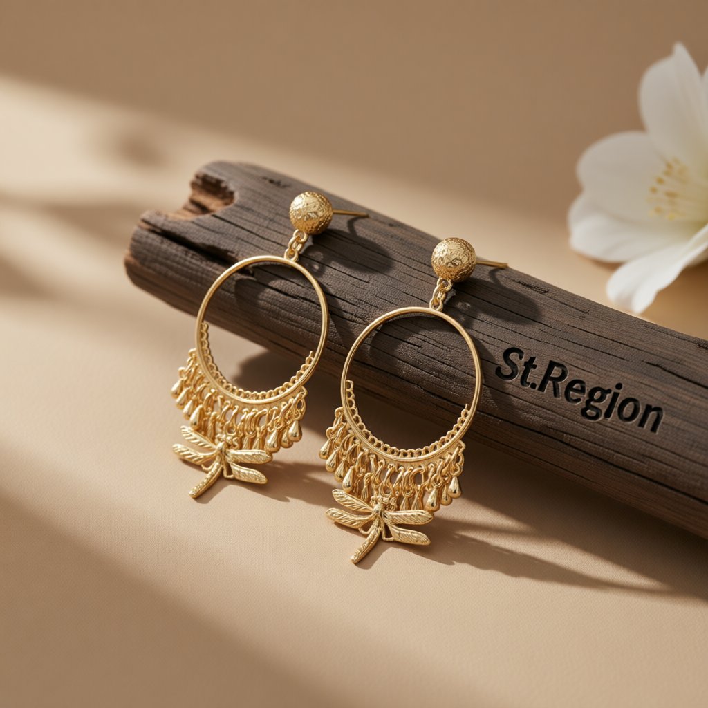 18K Gold-Plated Dragonfly Hoop Earrings, gold drop earrings for women, everyday style, front view