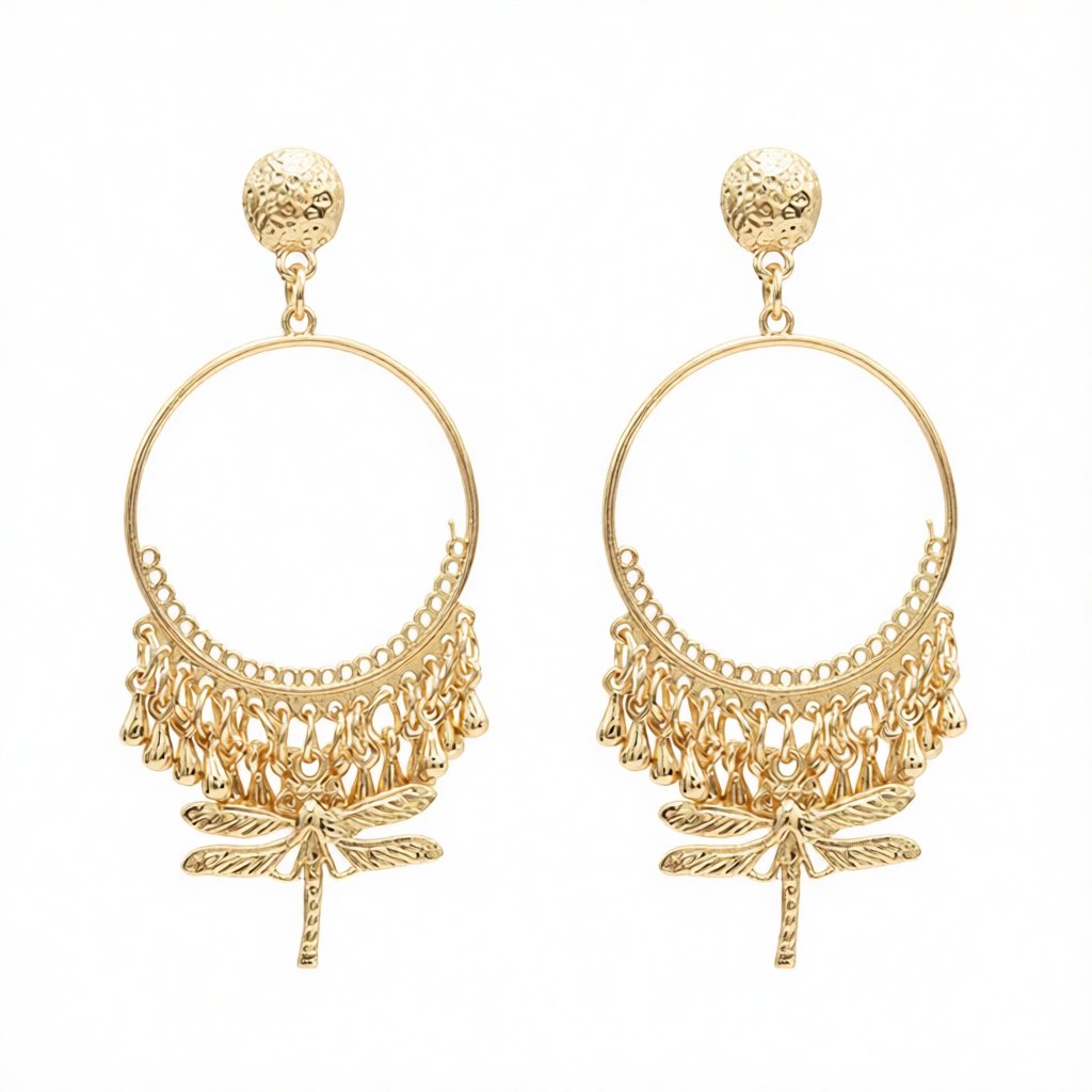 18K Gold-Plated Dragonfly Hoop Earrings, gold drop earrings for women, everyday style, side view