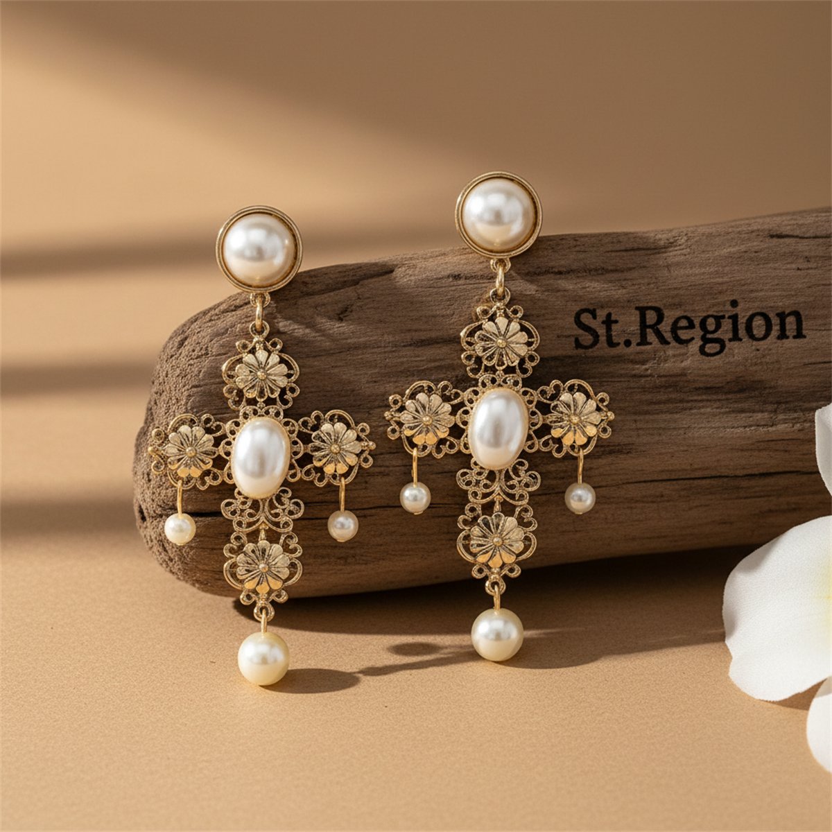 Pearl and 18K Gold-Plated Floral Cross Drop Earrings, gold drop earrings for women, everyday style, front view