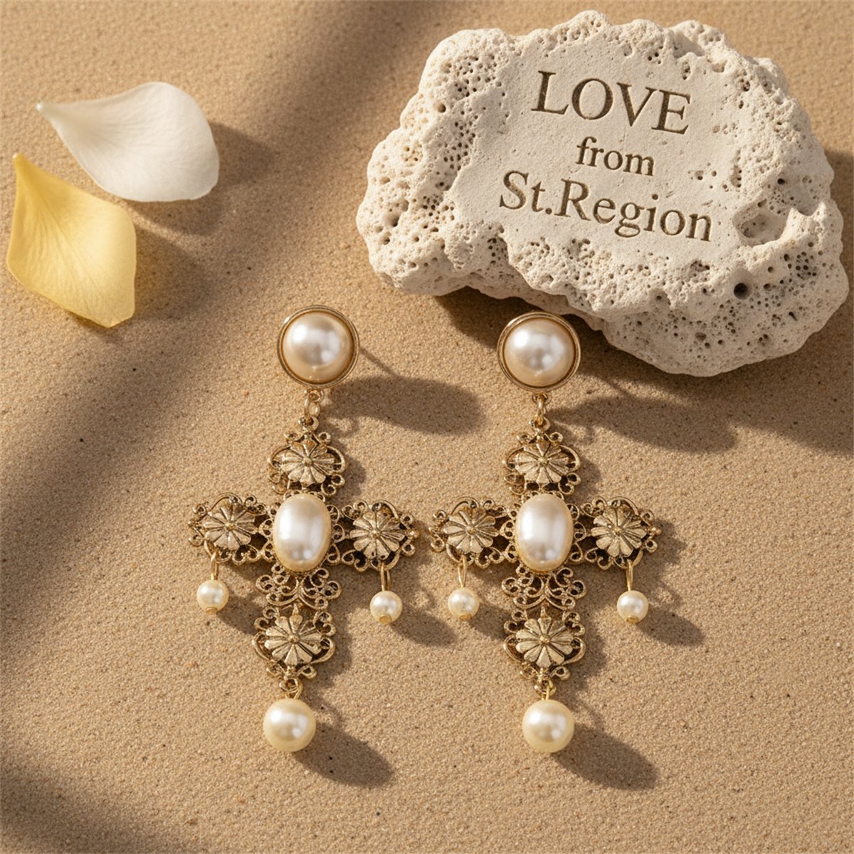 Pearl and 18K Gold-Plated Floral Cross Drop Earrings, gold drop earrings for women, everyday style, lifestyle look