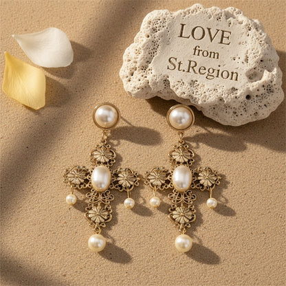 Pearl and 18K Gold-Plated Floral Cross Drop Earrings, gold drop earrings for women, everyday style, lifestyle look