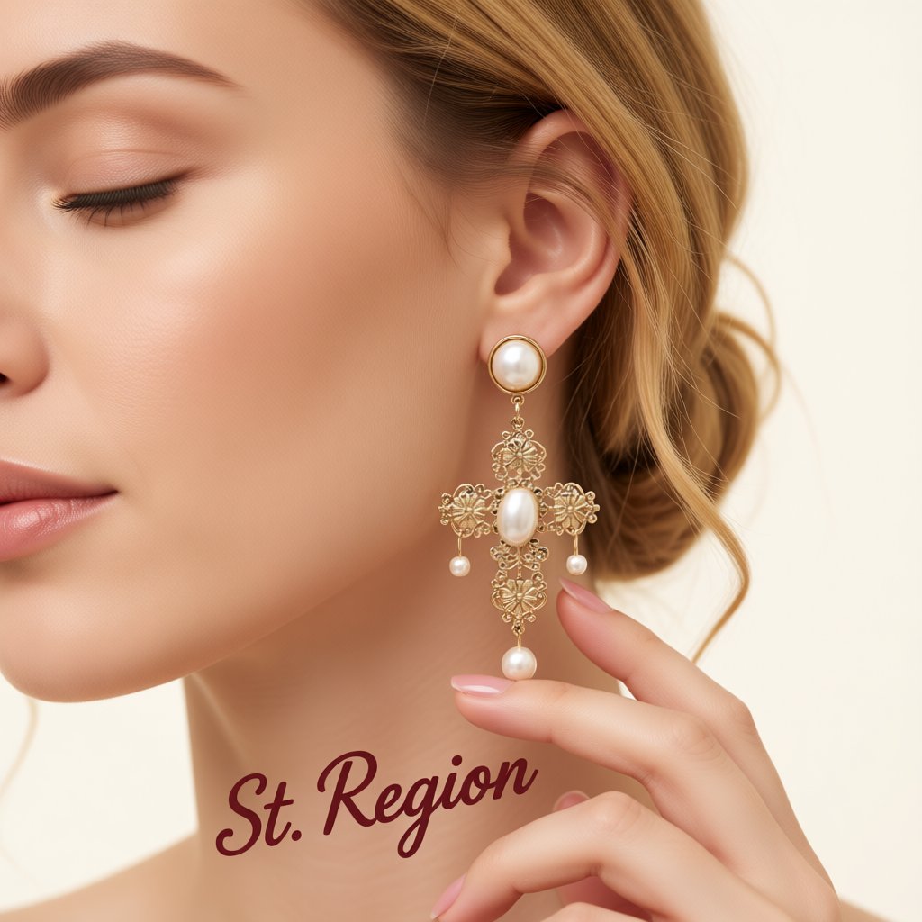 Pearl and 18K Gold-Plated Floral Cross Drop Earrings, gold drop earrings for women, everyday style, styled look