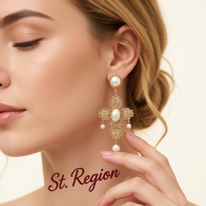 Pearl and 18K Gold-Plated Floral Cross Drop Earrings, gold drop earrings for women, everyday style, styled look