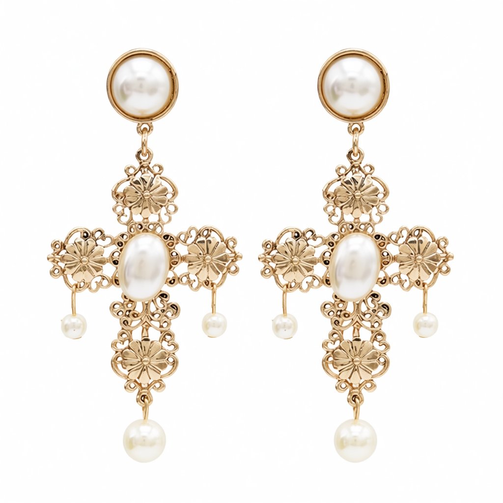 Pearl and 18K Gold-Plated Floral Cross Drop Earrings, gold drop earrings for women, everyday style, side view
