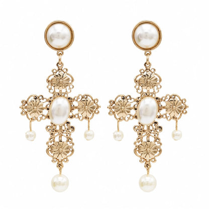 Pearl and 18K Gold-Plated Floral Cross Drop Earrings, gold drop earrings for women, everyday style, side view
