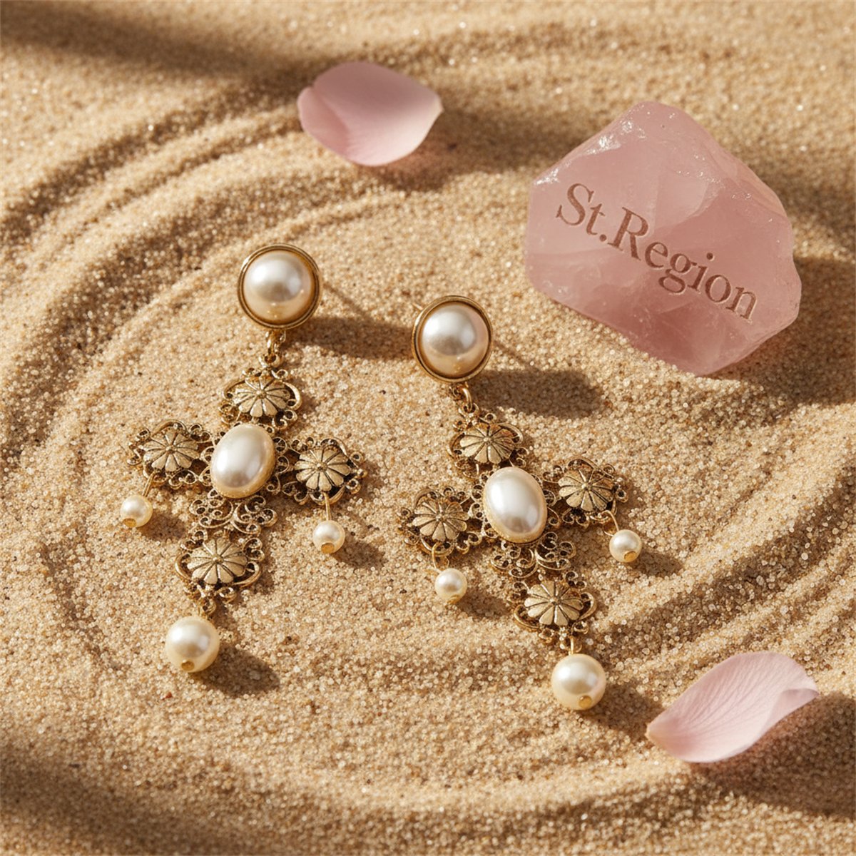 Pearl and 18K Gold-Plated Floral Cross Drop Earrings, gold drop earrings for women, everyday style, detail close-up