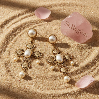 Pearl and 18K Gold-Plated Floral Cross Drop Earrings, gold drop earrings for women, everyday style, detail close-up