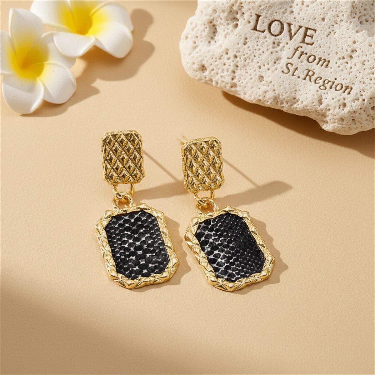 Gold-Plated and Black Snake-Print Square Drop Earrings, gold drop earrings for women, vintage-inspired design, lifestyle look